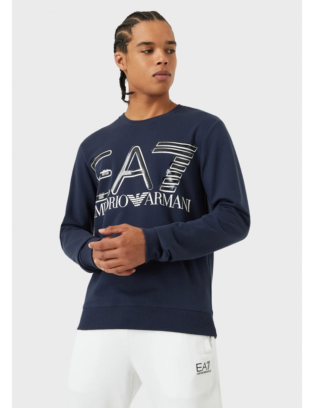 3LPM44 FELPA UOMO MAXI LOGO EA7 EMPORIO ARMANI MAGLIA GIROCOLLO BLU