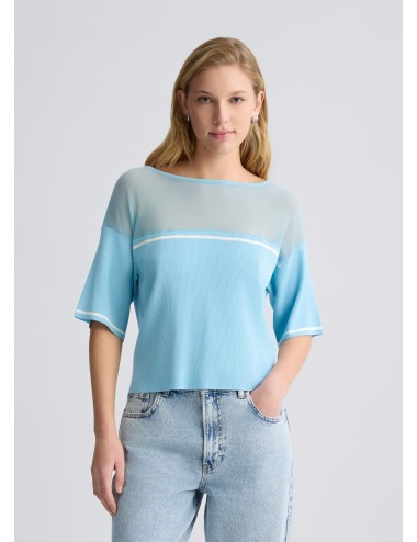 TA5098 MAGLIA IN FILO LIU JO T SHIRT MANICA CORTA AZZURRO MAGLIETTA DONNA LOGO