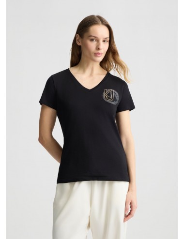 TA5179 M9178 T SHIRT DONNA LIU JO MANICA CORTA SCOLLO V CON LOGO E STRASS MAGLIA