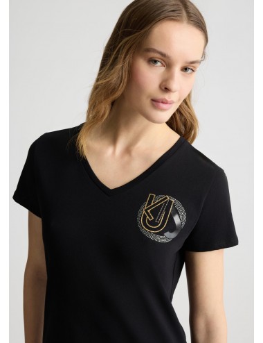 TA5179 M9178 T SHIRT DONNA LIU JO MANICA CORTA SCOLLO V CON LOGO E STRASS MAGLIA