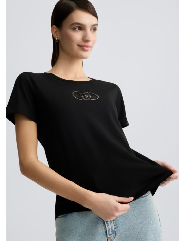 TA5180 M9308 T SHIRT DONNA MANICA CORTA LIU JO LOGO E STRASS MAGLIA MAGLIETTA