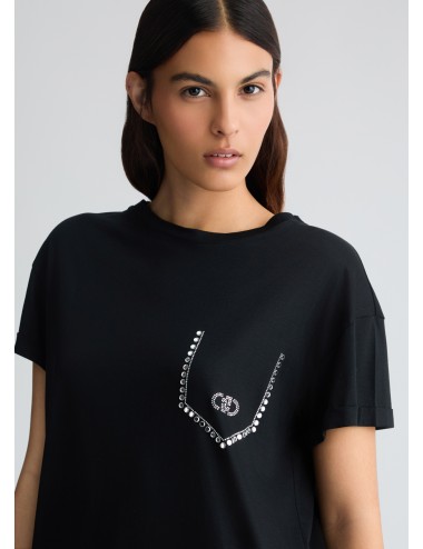 WA5145 M9447 T SHIRT CON STRASS LIU JO DONNA MAGLIA MAGLIETTA WOMAN GIROCOLLO