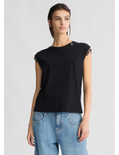 WA5158 T SHIRT DONNA LIU JO CON PERLINE E LOGO MAGLIA MAGLIETTA WOMAN NERO