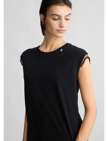 WA5158 T SHIRT DONNA LIU JO CON PERLINE E LOGO MAGLIA MAGLIETTA WOMAN NERO