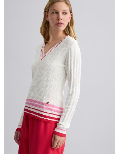 TA5087 MAGLIA DONNA LIU JO SCOLLO V MAGLIONCINO COLORE BIANCO SHIRT WOMAN RIGHE