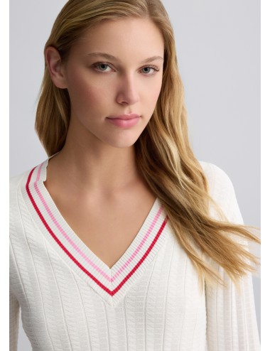 TA5087 MAGLIA DONNA LIU JO SCOLLO V MAGLIONCINO COLORE BIANCO SHIRT WOMAN RIGHE
