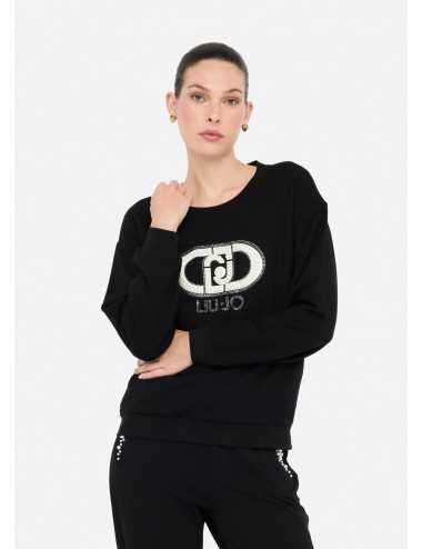TF5154 FELPA CON PERLE LIU JO DONNA MAGLIA LOGO MAGLIONCINO SHIRT WOMAN NERO