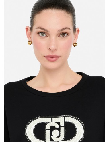 TF5154 FELPA CON PERLE LIU JO DONNA MAGLIA LOGO MAGLIONCINO SHIRT WOMAN NERO