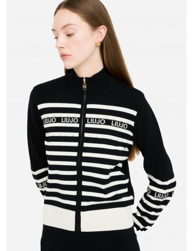 TF5214 MAGLIA APERTA LIU JO A RIGHE CARDIGAN DONNA CON PERLE E LOGO NERO E ZIP