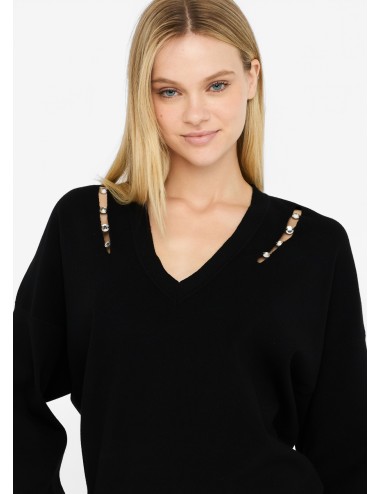 MF5037 MAGLIA DONNA LIU JO SCOLLO V CON CASTONI GIOIELLO MAGLIONCINO WOMAN NERO