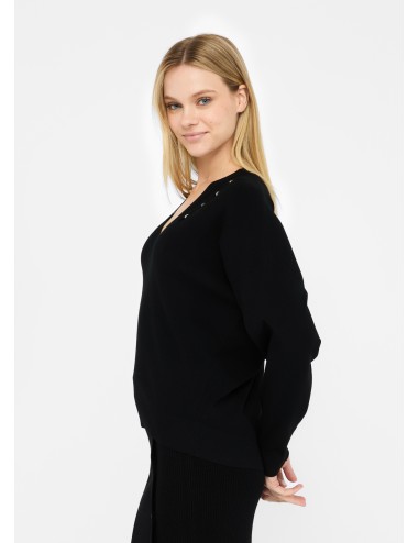 MF5037 MAGLIA DONNA LIU JO SCOLLO V CON CASTONI GIOIELLO MAGLIONCINO WOMAN NERO