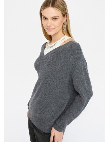 MF5126 MAGLIA LIU JO DONNA MAGLIONE RICAMO GIOIELLI MAGLIONCINO FINTA CANOTTA