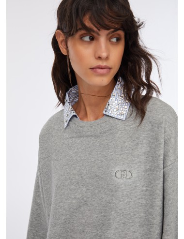 UF5254 FELPA CON STRASS COLORE GRIGIO LIU JO DONNA MAGLIA CON FINTA CAMICIA