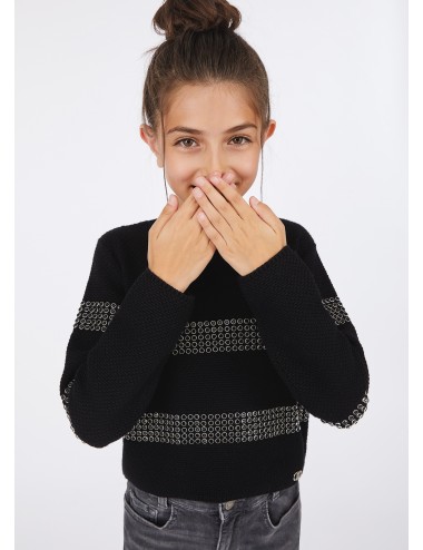 GF5088 MAGLIA LIU JO BETTER BAMBINA COLORE NERO MAGLIONCINO RIGHE E STRASS KIDS