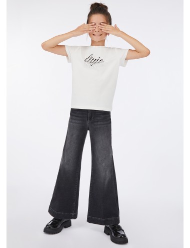 GF5121 JEANS LIU JO BAMBINA PANTALONE DENIM ZAMPA PANTALONI KIDS NERO LARGHI