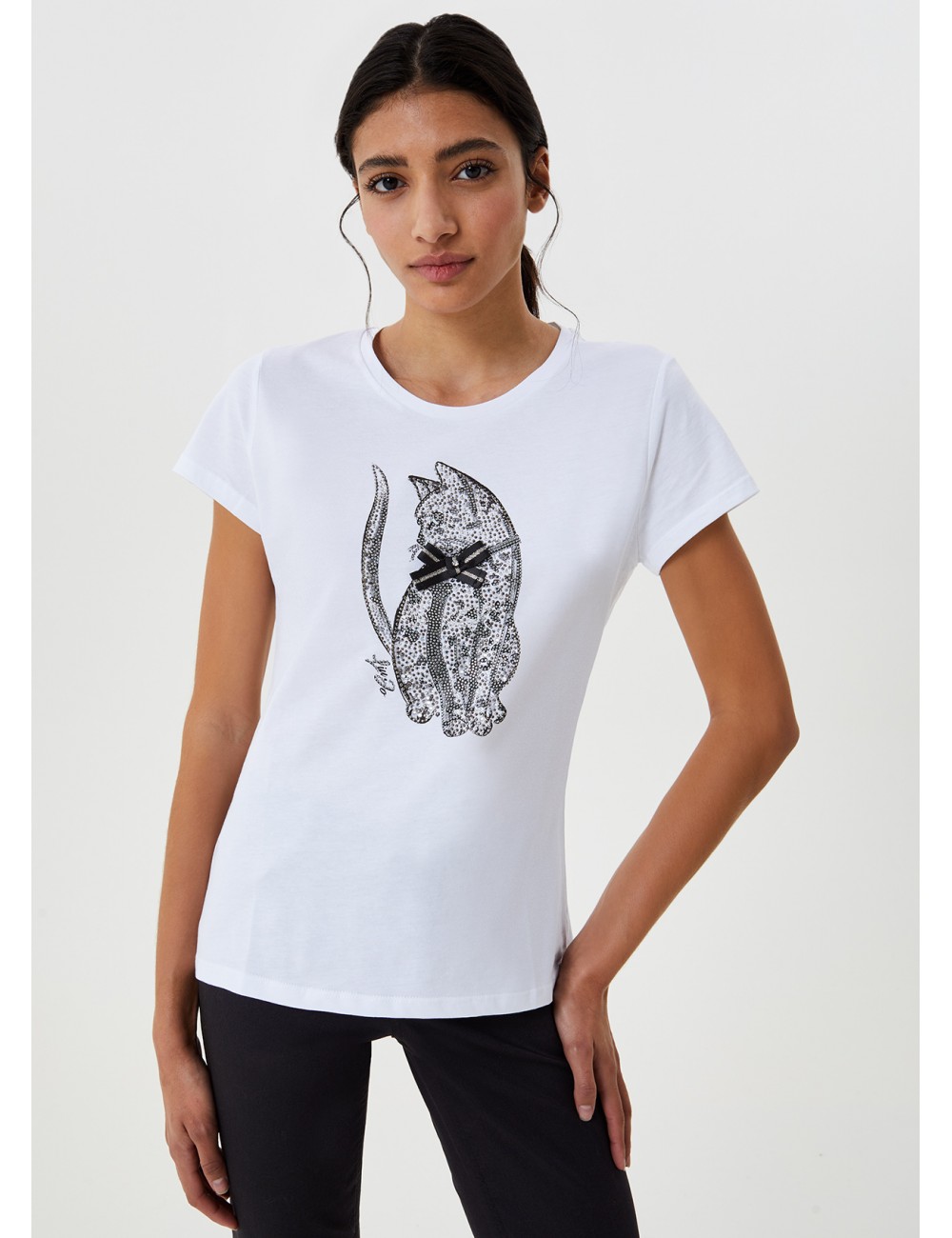 WF0486 T SHIRT DONNA LIU JO T-shirt con stampa glitter WOMAN gatto maglia
