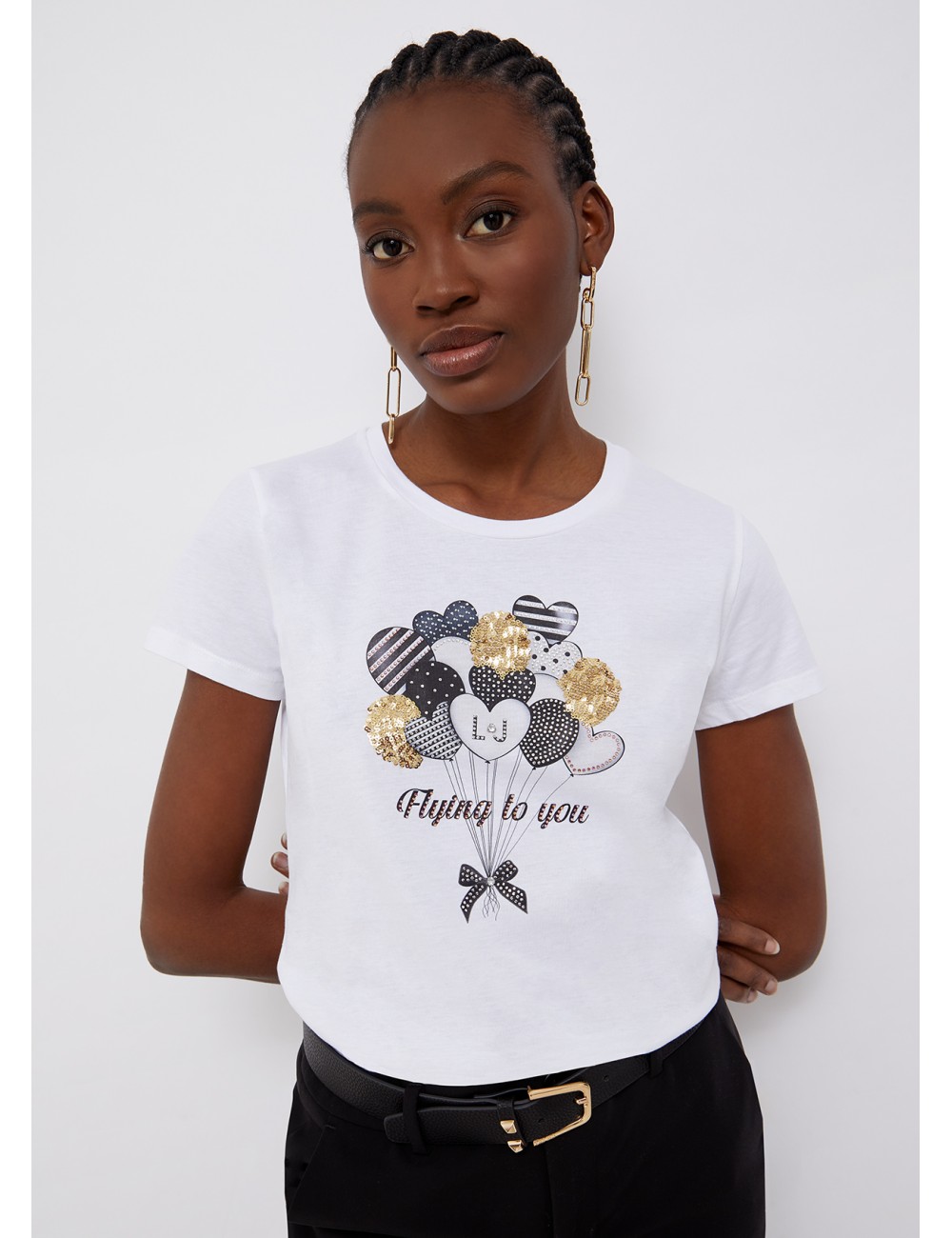 WA2019 S9652 T SHIRT DONNA LIU JO STAMPA E APPLICAZIONI MAGLIA MAGL